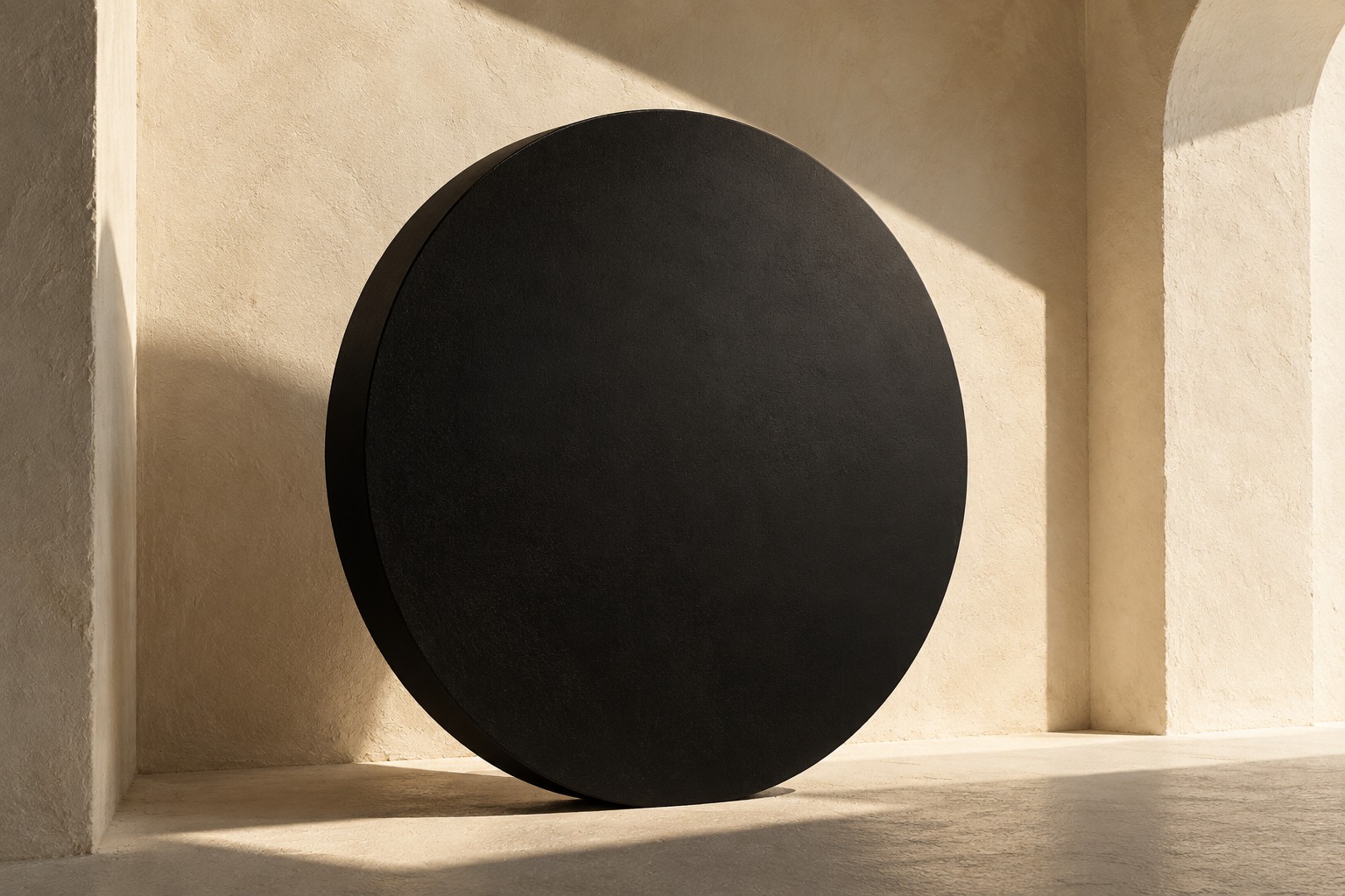 Matte black disk in a warm ivory architectural setting